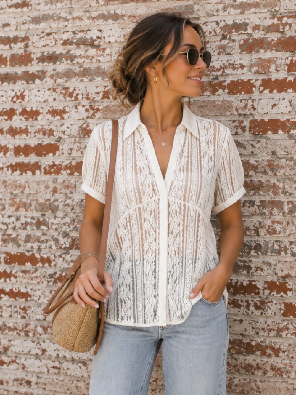 Spense Ivory Lace Button Front Blouse Short Sleeve Collared Top Size L